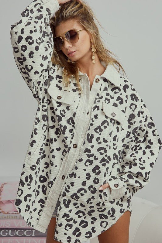Vintage Washed Leopard Corduroy Buttoned Jacket - KOKOTETE