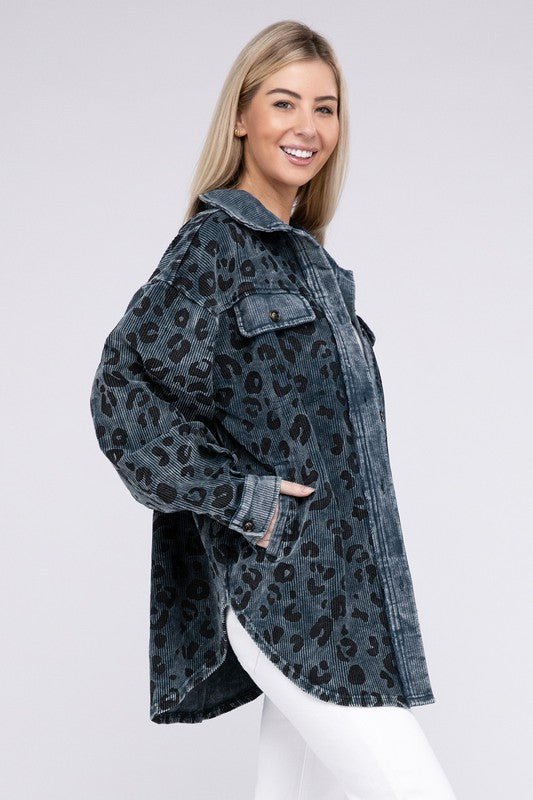 Vintage Washed Leopard Corduroy Buttoned Jacket - KOKOTETE