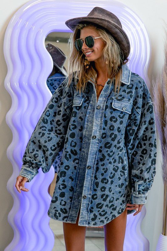 Vintage Washed Leopard Corduroy Buttoned Jacket - KOKOTETE