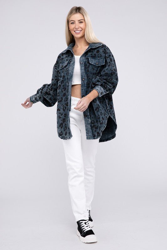Vintage Washed Leopard Corduroy Buttoned Jacket - KOKOTETE