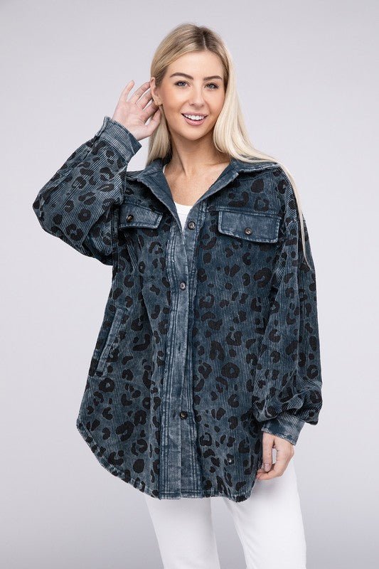 Vintage Washed Leopard Corduroy Buttoned Jacket - KOKOTETE