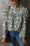 Women Floral Print Mock Neck Puff Sleeve Blouse - KOKOTETE