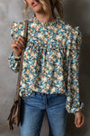 Women Floral Print Mock Neck Puff Sleeve Blouse - KOKOTETE