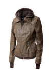 Women's Hood PU Leather Jacket - KOKOTETE